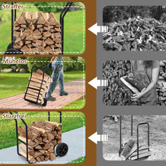 SWANEW Brennholzwagen, max. 80 kg, Kaminholzständer Kaminzubehör mit Rollen Holztransportwagen Brennholzständer, Schwarz 70x42x109cm