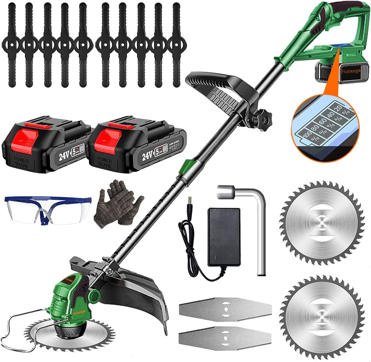 SWANEW Gartenstrimmer Kabelloser Teleskop-24-V-Grasschneider Elektrischer 3-in-1-Rasenkantenschneider Freischneider 90°-Kopf schwenkbar für Gartenräumung von Unkraut Blumenbäumen,grün