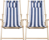 SWANEW 2er Set Liegestuhl Klappbar Holz, Gartenliege Strandstuhl Faltbar, 3-Fach Verstellbare Rückenlehne Klappliegestuhl, Strandliege mit Kopfkissen & Armlehnen (Blaue und weiße Streifen)