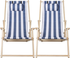 SWANEW 2er Set Liegestuhl Klappbar Holz, Gartenliege Strandstuhl Faltbar, 3-Fach Verstellbare Rückenlehne Klappliegestuhl, Strandliege mit Kopfkissen & Armlehnen (Blaue und weiße Streifen)